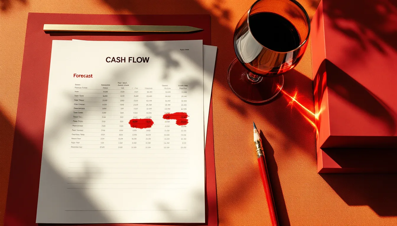A printed cash-flow forecast with one week circled in oxblood ink, a brass ruler and a glass of red wine on a burnt-orange desk