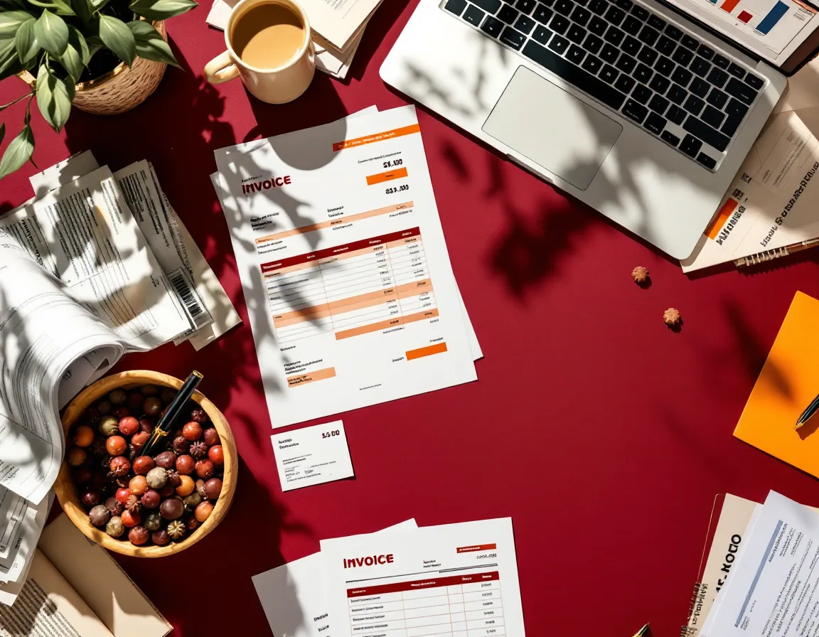 Bank statements, invoices and a laptop with a cluttered spreadsheet spread across an oxblood table