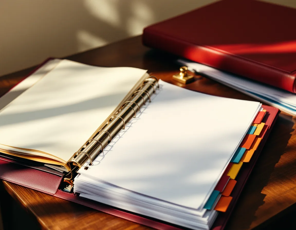 An open binder with oxblood and orange tabbed dividers beside squared stacks of statements on a walnut table